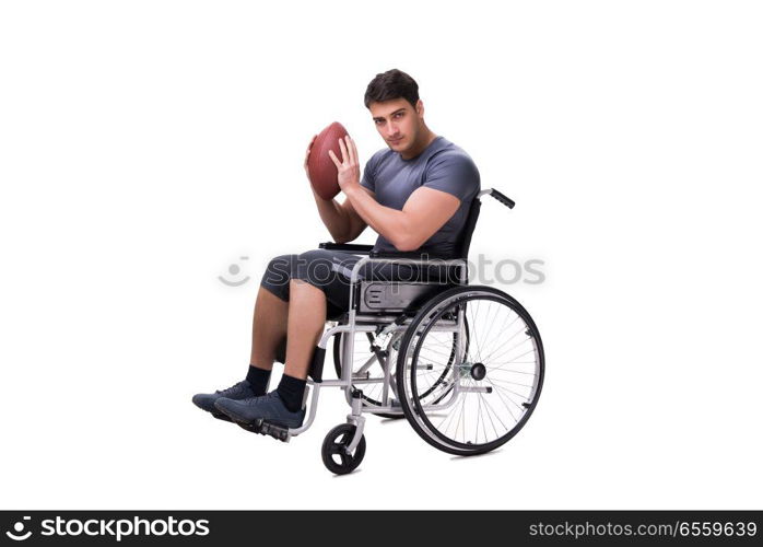 The football player recovering from injury on wheelchair. Football player recovering from injury on wheelchair