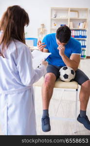 The football soccer player visiting doctor after injury. Football soccer player visiting doctor after injury