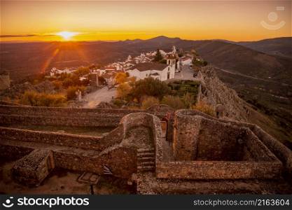 the Fort and Castelo of Marvao with the old Town of the Village of Marvao on the Hill of Castelo de Marvao in Alentejo in Portugal. Portugal, Marvao, October, 2021