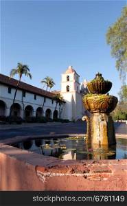 The fountain in front of Mission Santa Barbara in California USA
