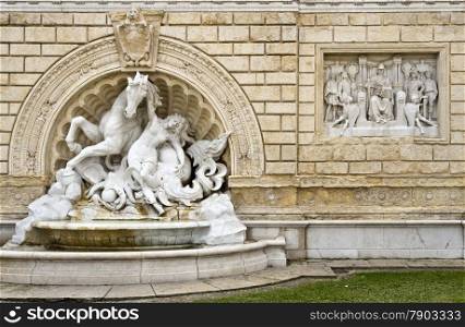 The fountain of Pincio in Bologna, Italy, is at the entry of the Park of Montagnola, the oldest park in Bologna, opened to the public since 1664