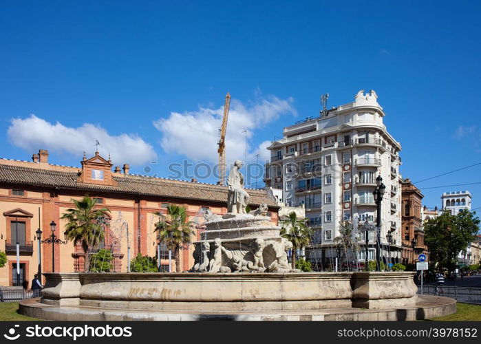 The Fountain of Seville (Spanish: Fuente de Sevilla) on Puerta de Jerez square in Seville, Spain.