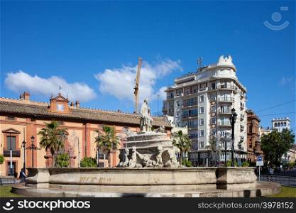 The Fountain of Seville (Spanish: Fuente de Sevilla) on Puerta de Jerez square in Seville, Spain.