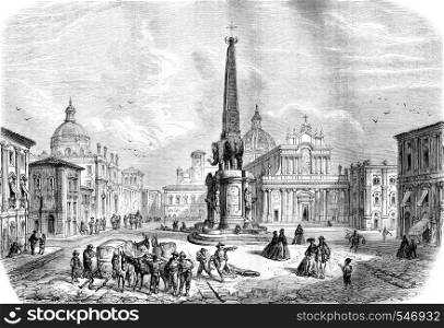 The Fountain of the Elephant, Catania, vintage engraved illustration. Magasin Pittoresque 1861.