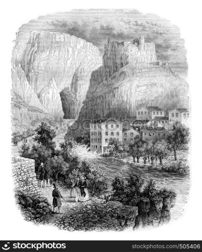 The fountain of Vaucluse, vintage engraved illustration. Magasin Pittoresque 1842.