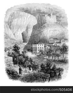 The fountain of Vaucluse, vintage engraved illustration. Magasin Pittoresque 1842.