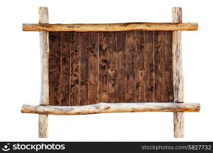 The frame for picture made from rough oak logs with wooden blackboard inside, isolated on white background