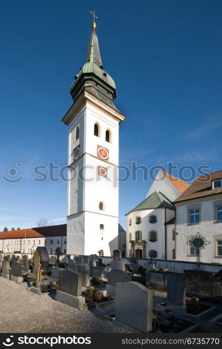 The free-standing tower of Rottenbuch Church, Bavaria, Germany
