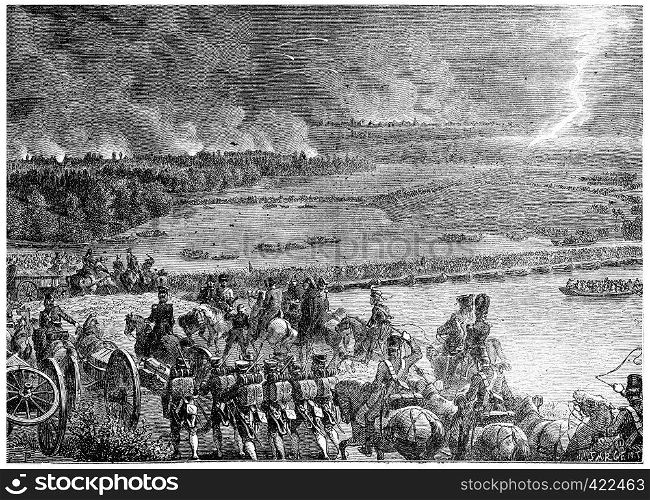 The French army arising out of the island of Lobau, vintage engraved illustration. History of France ? 1885.