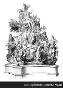 The French Parnassus Titon Tillet, Model bronze preserved in one of the rooms of the Royal Library, vintage engraved illustration. Magasin Pittoresque 1845.