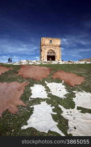 The fresh Leather gets dry on the sun near Leather production in front of the Citywall in the old City in the historical Town of Fes in Morocco in north Africa.. AFRICA MAROCCO FES