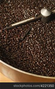 The freshly roasted beans from a large coffee roaster, just before the beans are stirred in the cooling cylinder. Beans are shiny from the natural oils after the dark roasting.
