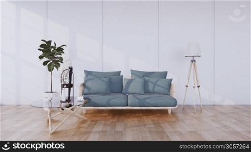 The front corner with the gray sofa in the middle of the room wall design on floor wooden tile.3d rendering