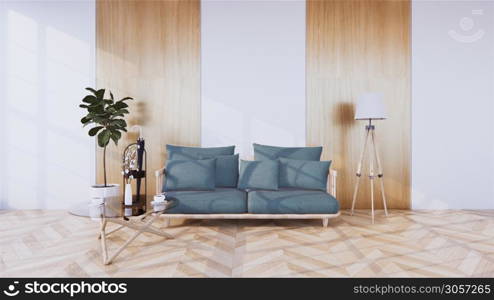 The front corner with the gray sofa in the middle of the room wall design on floor wooden tile.3d rendering