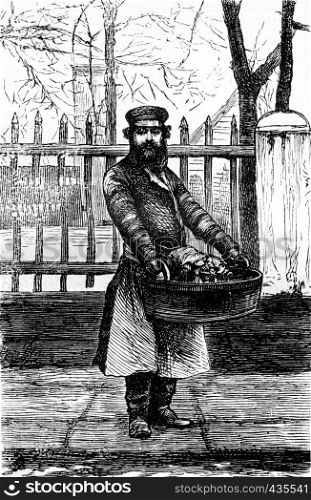 The fruit vendor, vintage engraved illustration. Journal des Voyage, Travel Journal, (1879-80).