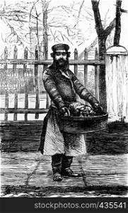 The fruit vendor, vintage engraved illustration. Journal des Voyage, Travel Journal, (1879-80).
