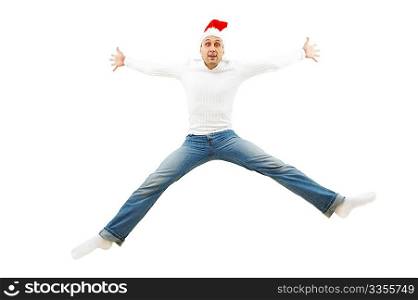 The fun man in a cap of the Christmas man is in a jump isolated