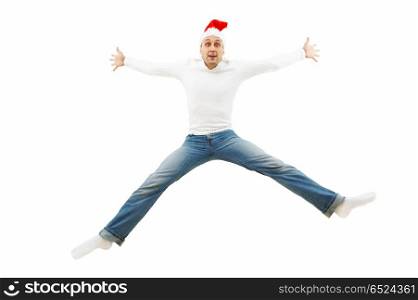 The fun man in a cap of the Christmas man is in a jump isolated. Hi, Christmas!
