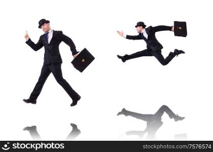 The funny businessman jumping on white. Funny businessman jumping on white