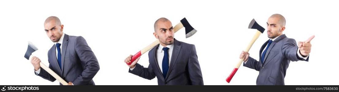 The funny businessman with axe on white. Funny businessman with axe on white
