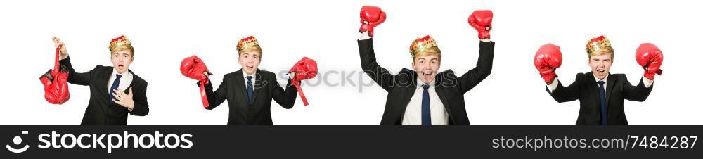 The funny businessman with crown and boxing gloves. Funny businessman with crown and boxing gloves