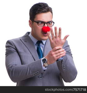 The funny clown businessman isolated on white background. Funny clown businessman isolated on white background