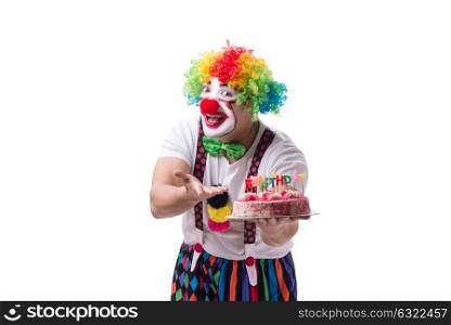 The funny clown with a birthday cake isolated on white background. Funny clown with a birthday cake isolated on white background