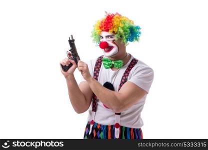 The funny clown with a gun pistol isolated on white background. Funny clown with a gun pistol isolated on white background