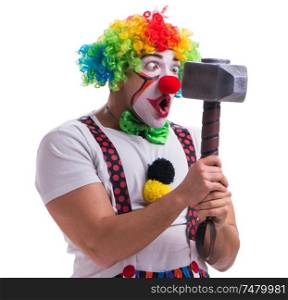 The funny clown with a hammer isolated on white background. Funny clown with a hammer isolated on white background