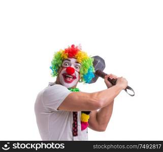 The funny clown with a hammer isolated on white background. Funny clown with a hammer isolated on white background