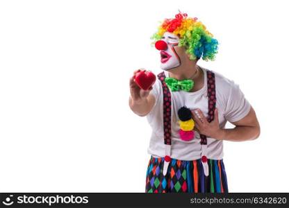 The funny clown with a heart isolated on white background . Funny clown with a heart isolated on white background