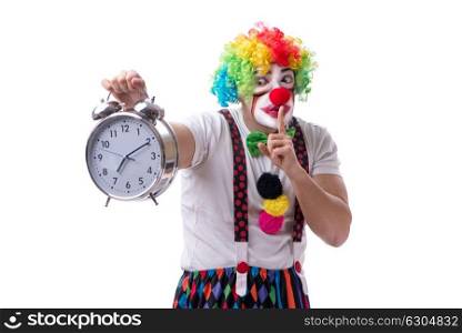 The funny clown with an alarm clock isolated on white background. Funny clown with an alarm clock isolated on white background