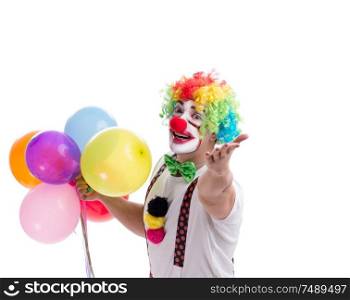 The funny clown with balloons isolated on white background. Funny clown with balloons isolated on white background