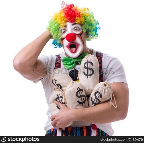 The funny clown with money sacks bags isolated on white background. Funny clown with money sacks bags isolated on white background