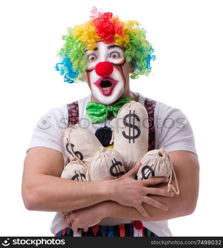 The funny clown with money sacks bags isolated on white background. Funny clown with money sacks bags isolated on white background