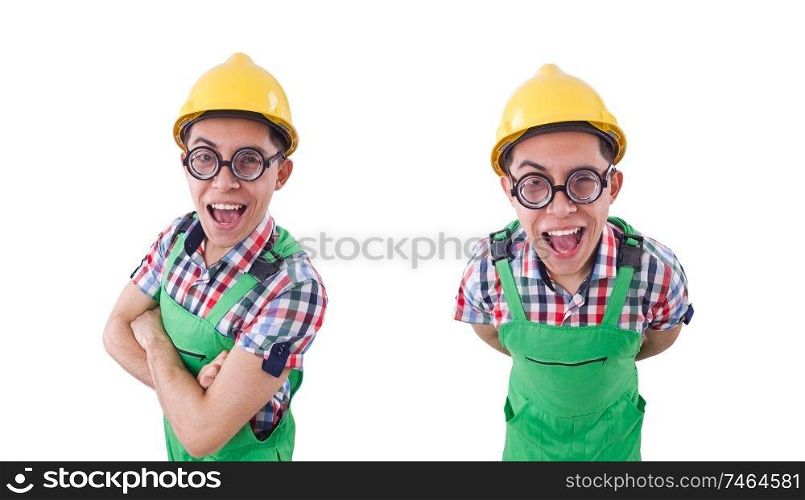 The funny construction worker isolated on white. Funny construction worker isolated on white