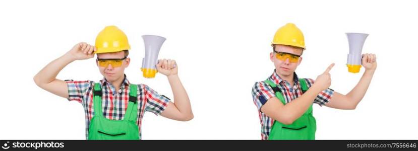 The funny construction worker with loudspeaker on white. Funny construction worker with loudspeaker on white