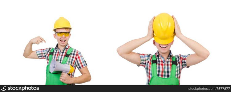 The funny construction worker with loudspeaker on white. Funny construction worker with loudspeaker on white