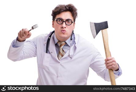The funny doctor with axe isolated on white. Funny doctor with axe isolated on white