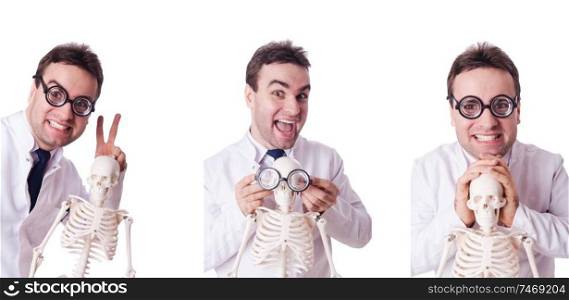 The funny doctor with skeleton isolated on white. Funny doctor with skeleton isolated on white
