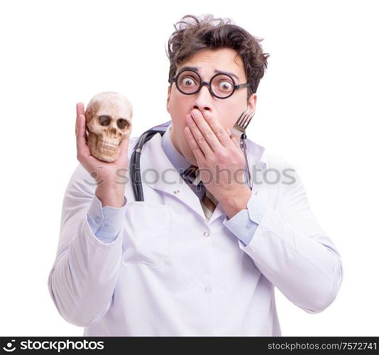 The funny doctor with skull isolated on white. Funny doctor with skull isolated on white