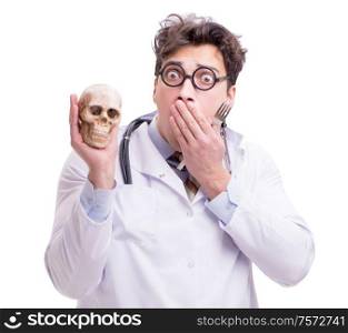 The funny doctor with skull isolated on white. Funny doctor with skull isolated on white