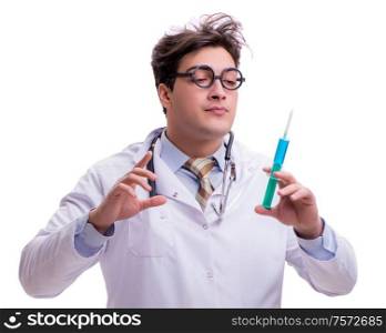 The funny doctor with syringe isolated on white. Funny doctor with syringe isolated on white