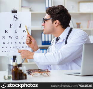 The funny eye doctor in humourous medical concept. Funny eye doctor in humourous medical concept