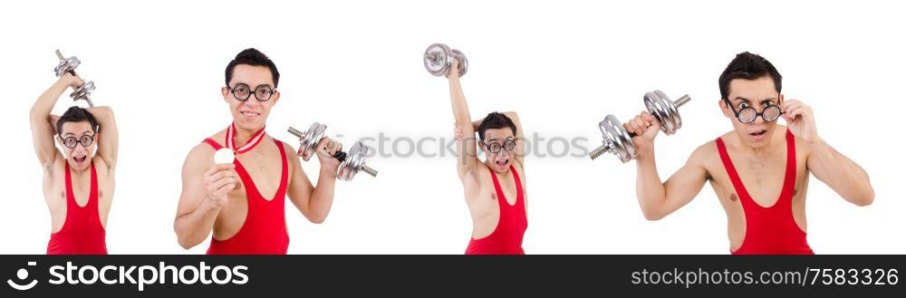 The funny guy exercising with dumbbells on white. Funny guy exercising with dumbbells on white