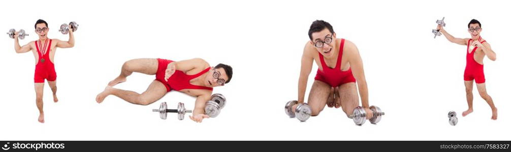 The funny guy exercising with dumbbells on white. Funny guy exercising with dumbbells on white