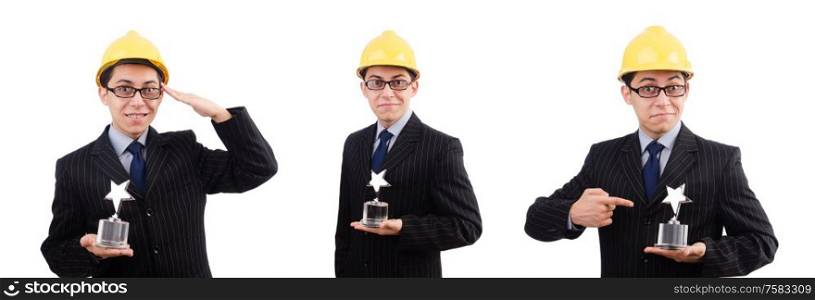 The funny guy with prize and hardhat. Funny guy with prize and hardhat