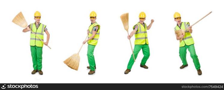 The funny janitor with broom isolated on white. Funny janitor with broom isolated on white