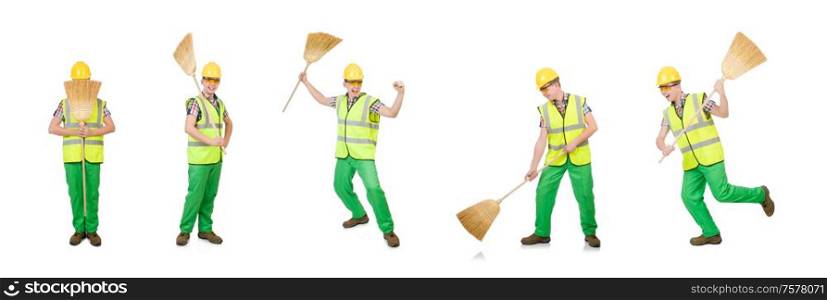 The funny janitor with broom isolated on white. Funny janitor with broom isolated on white