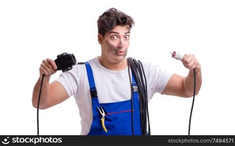 The funny man doing electrical repair. Funny man doing electrical repair